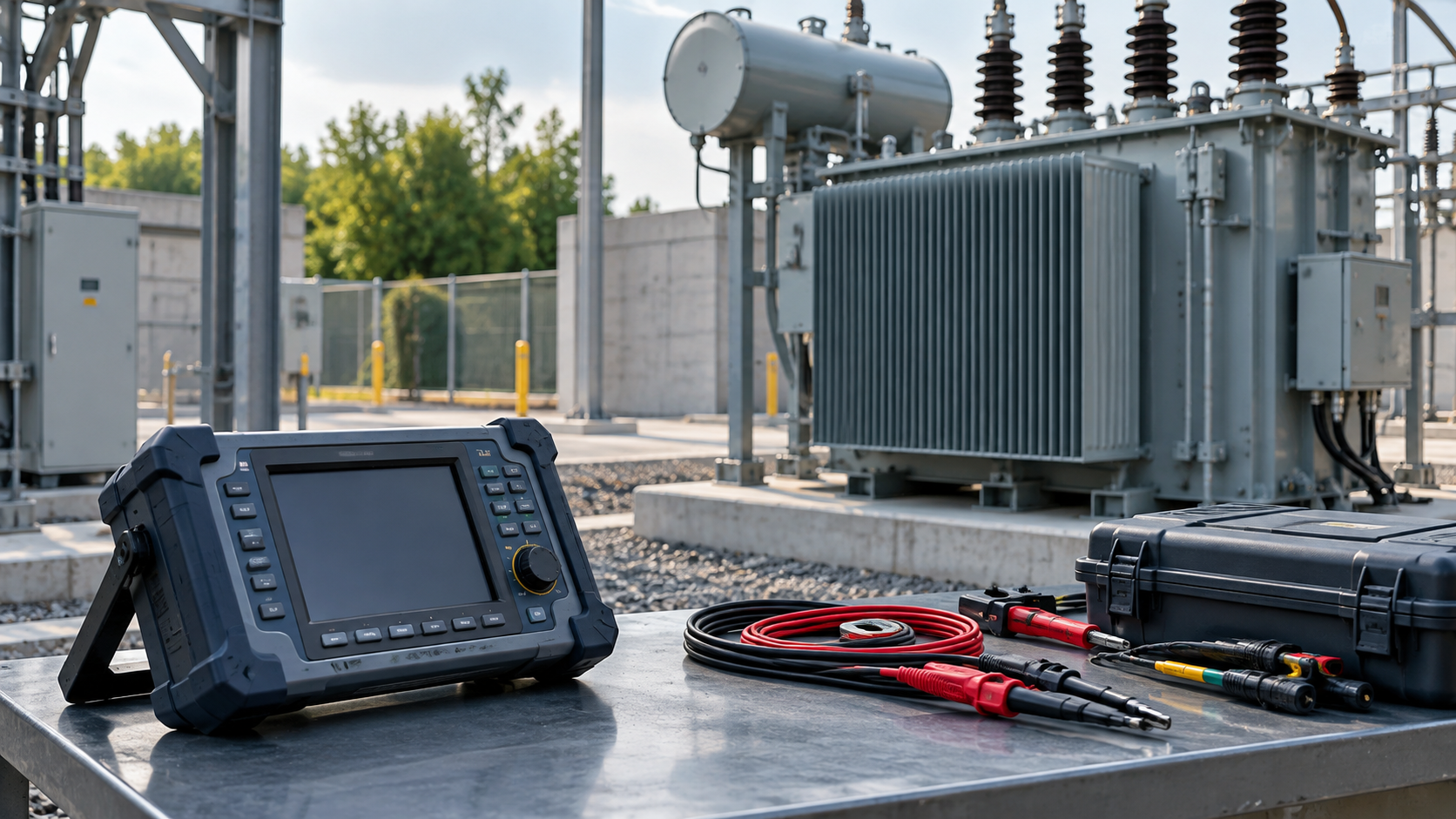 Imagen generada de instrumentos para diagnóstico eléctrico junto a un transformador