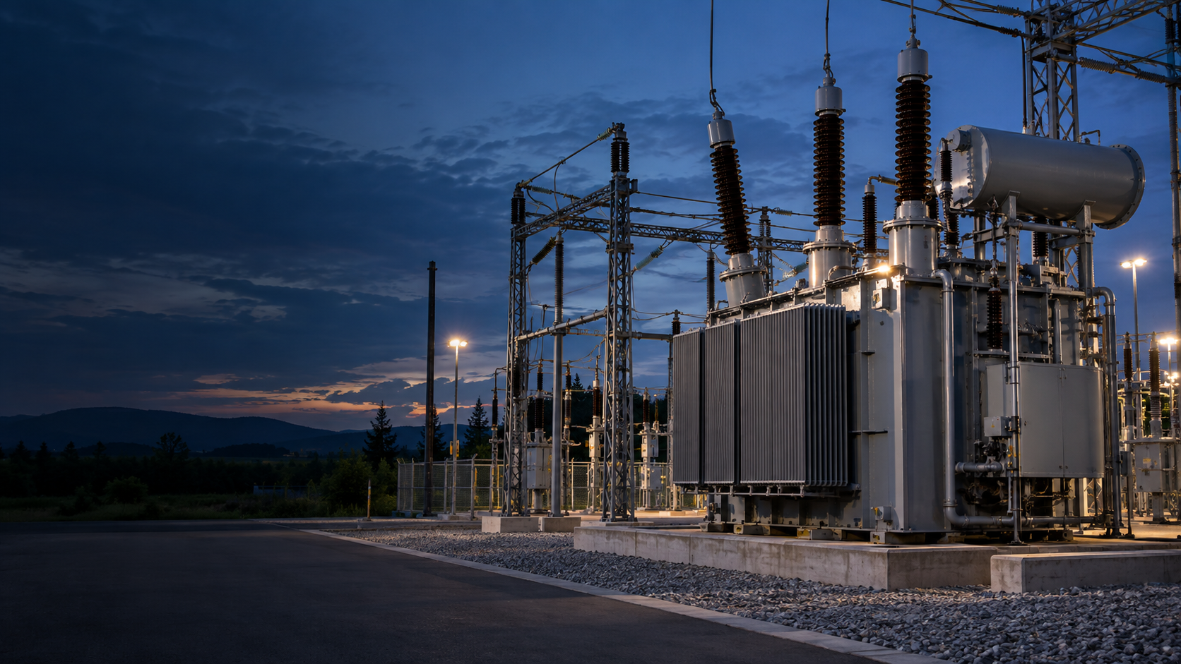 Ilustración generada de infraestructura de una subestación eléctrica
